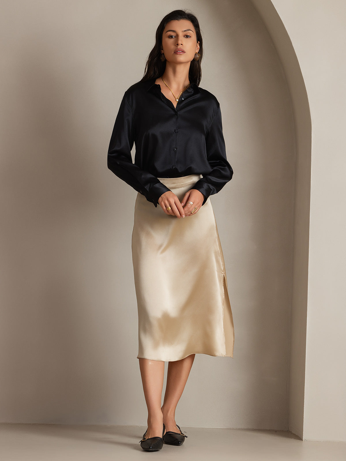 [Zwart] SilkSilky-NL 19Momme Lange Mouw Reverskraag Dames Blouse 004