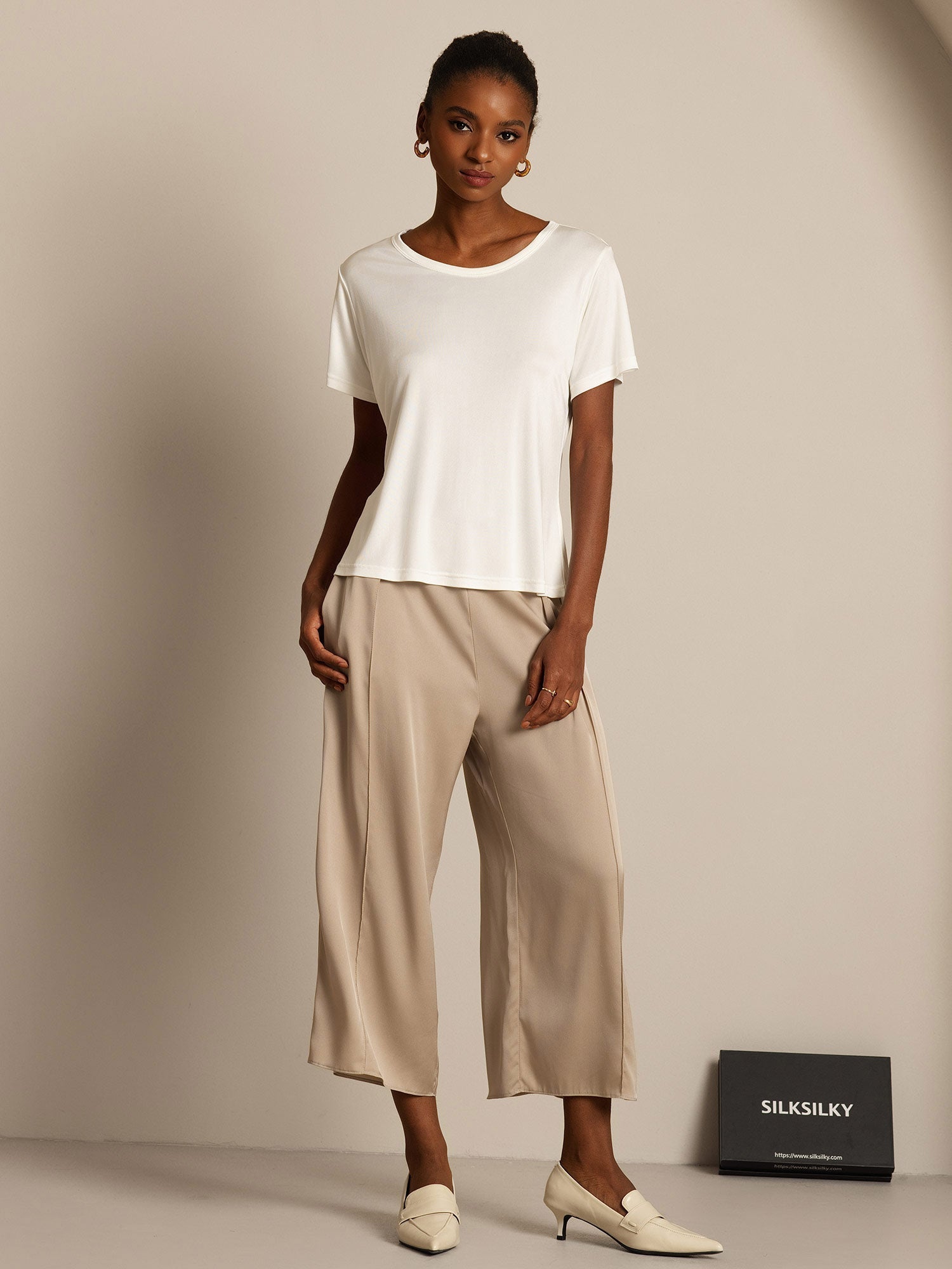 [Wit] SilkSilky-NL Zijde Gebreid Ronde Hals Dames T-Shirt 006,