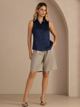 [Donkerblauw] SilkSilky-NL Sleeveless Lapel Collar Dames Blouse 007