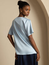 [Grijsachtig Blauw] SilkSilky-NL 19Momme Korte Mouw Waterval Hals Blouse 002