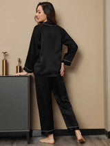 [Zwart] SilkSilky-NL Lange Mouw Notchkraag Dames Pyjama Set 002