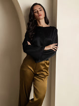 [Zwart] SilkSilky-NL Long Sleeve Boat Neck Blouse 005