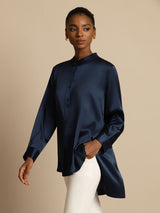 [Donkerblauw] SilkSilky-NL 19Momme Lange Mouw Staande Kraag Blouse 004