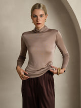 [Khaki] SilkSilky-NL Lange Mouw Coltrui Hals Dames T-Shirt 004