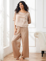 [Champagne] SilkSilky-NL Halve Mouw Ronde Hals Dames Pyjama Set 006