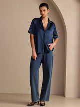 [Donkerblauw] SilkSilky-NL Short Sleeve Lapel Collar Dames Blouse 007