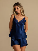 [Donkerblauw] SilkSilky-NL Spaghetti Bandjes V Hals Cami-Set 001