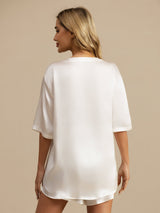 [Wit] SilkSilky-NL Short Sleeve Round Neck Dames Pyjama Set 002