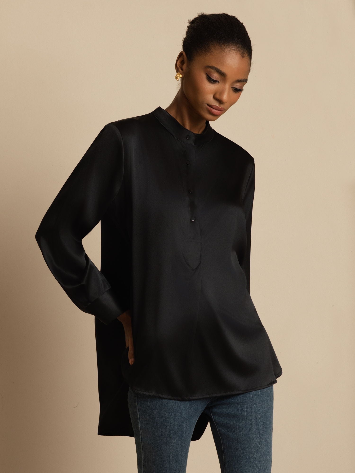 [Zwart] SilkSilky-NL 19Momme Lange Mouw Staande Kraag Blouse 001
