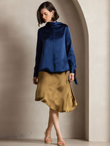 [Donkerblauw] SilkSilky-NL Long Sleeve Tie Neck Blouse 003