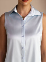 [Lichtblauw] SilkSilky-NL Sleeveless Lapel Collar Dames Blouse 004