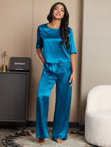 [Koningsblauw] SilkSilky-NL Halve Mouw Ronde Hals Dames Pyjama Set 004