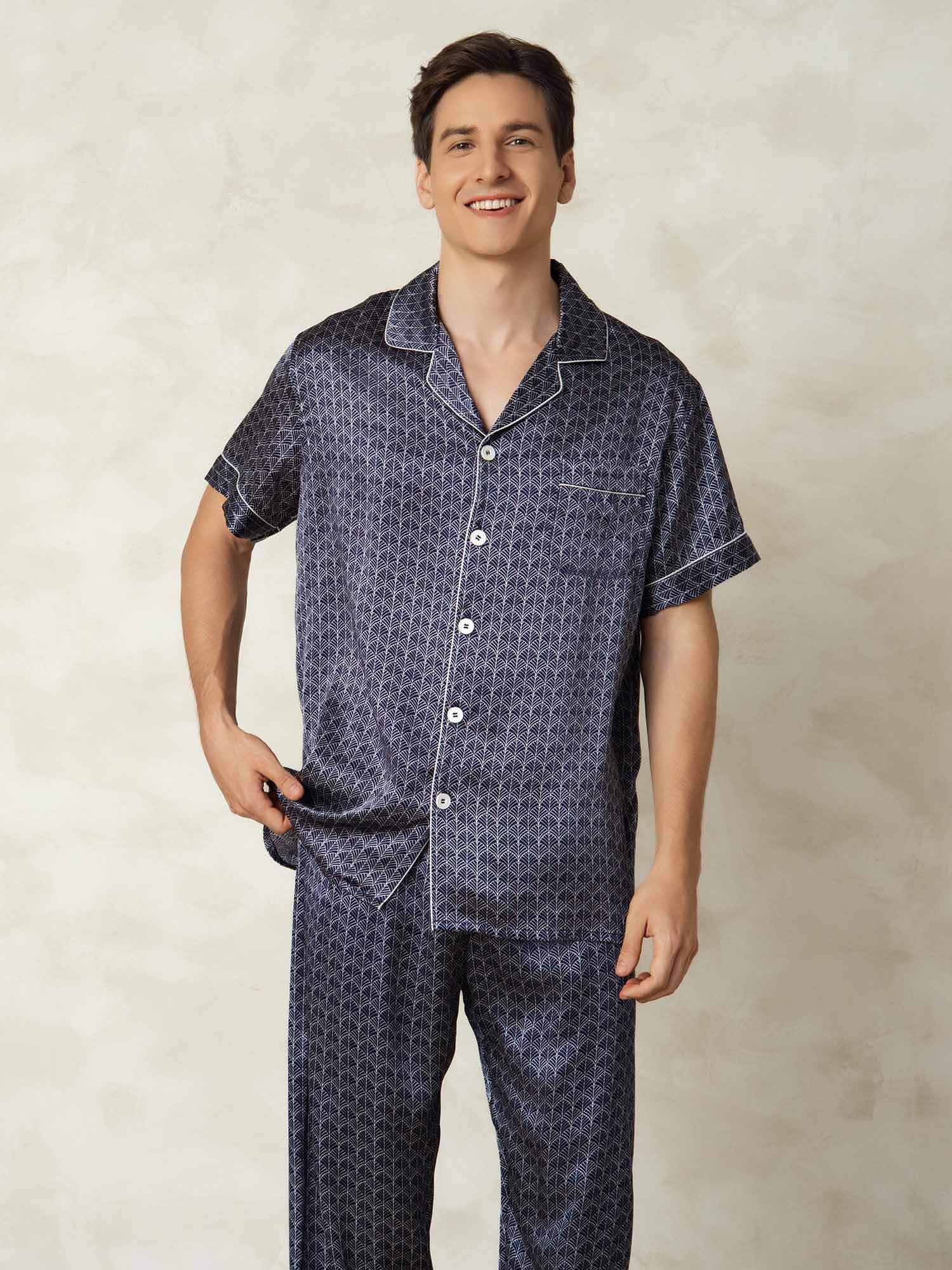 [MarineGinkgo] SilkSilky-NL Zijde Kraag Heren Pyjama Set 004