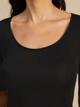 [Zwart] SilkSilky-NL Half Sleeve Diepe Ronde Hals Dames T-Shirt 006