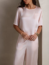 [Roze] SilkSilky-NL Halve Mouw Ronde Hals Dames Pyjama Set 007