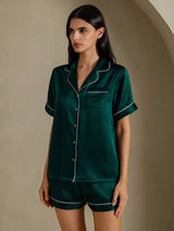 [Donkergroen] SilkSilky-NL Short Sleeve Lapel Collar Dames Pyjama Set 003