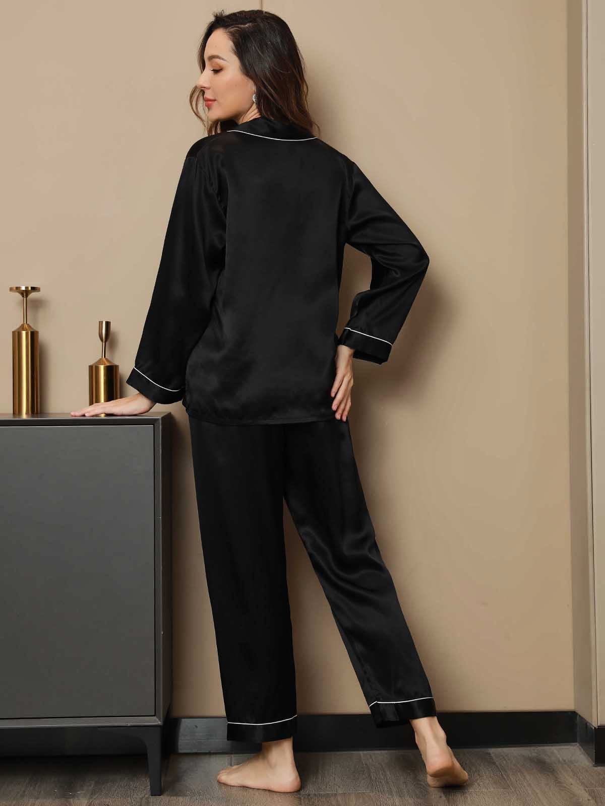 [Zwart] SilkSilky-NL Pure Silk Lange Mouw Revers Dames Pyjama Set 002