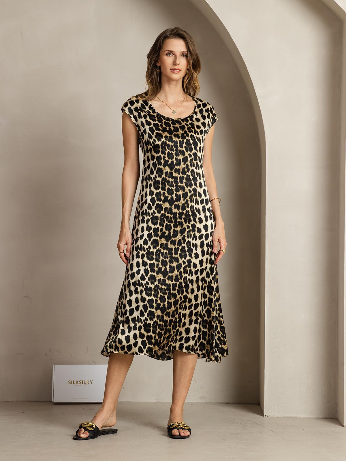[Leopard] SilkSilky-NL 19Momme Zijde Ronde Hals Jurk 001