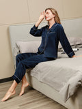 SilkSilky-NL Lange Mouw Revers Dames Pyjama Set Donkerblauw 005