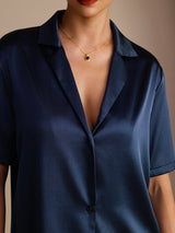 [Donkerblauw] SilkSilky-NL Short Sleeve Lapel Collar Dames Blouse 004