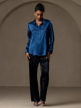 [Koningsblauw] SilkSilky-NL Long Sleeve Lapel Collar Dames Blouse 006