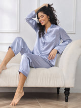 [Staal Blauw] SilkSilky-NL Long Sleeve Lapel Collar Dames Pyjama Set 001