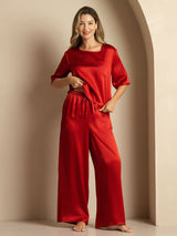[Wijn] SilkSilky-NL Halve Mouw Ronde Hals Dames Pyjama Set 007