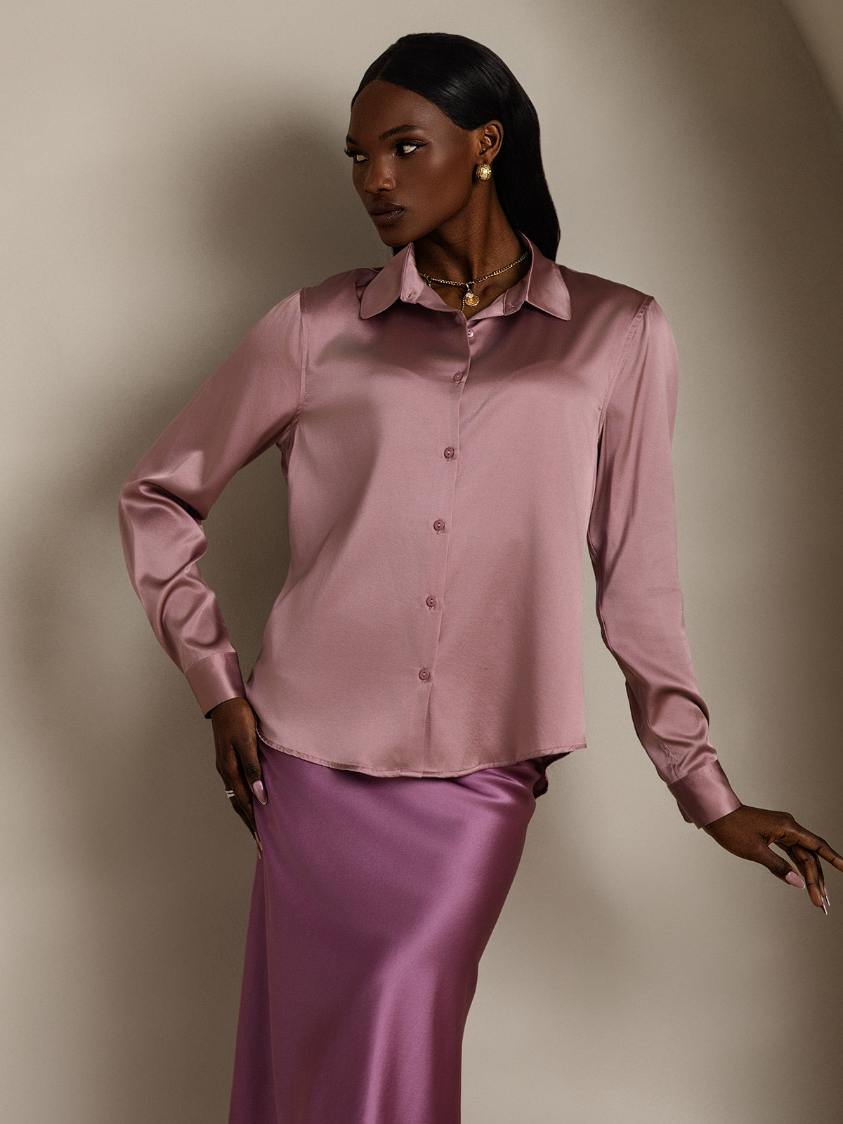 SilkSilky-NL Zijde Lange Mouw Kraag Dames Blouse BleekMauve 004