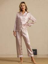 [Roze Hart Geo] SilkSilky-NL Short Sleeve Lapel Collar Dames Pyjama Set 001