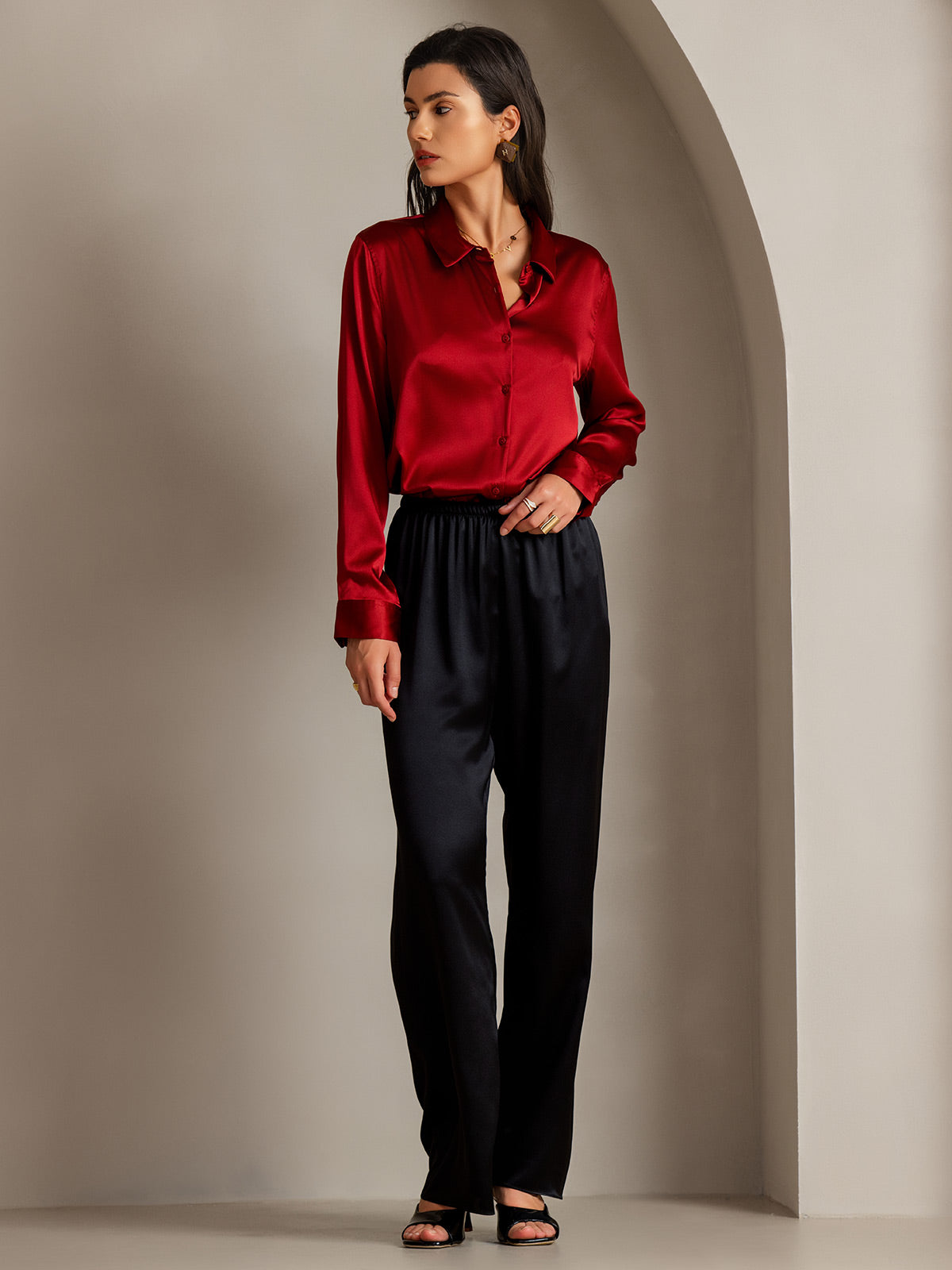 [Rode] SilkSilky-NL 19Momme Lange Mouw Reverskraag Dames Blouse 006