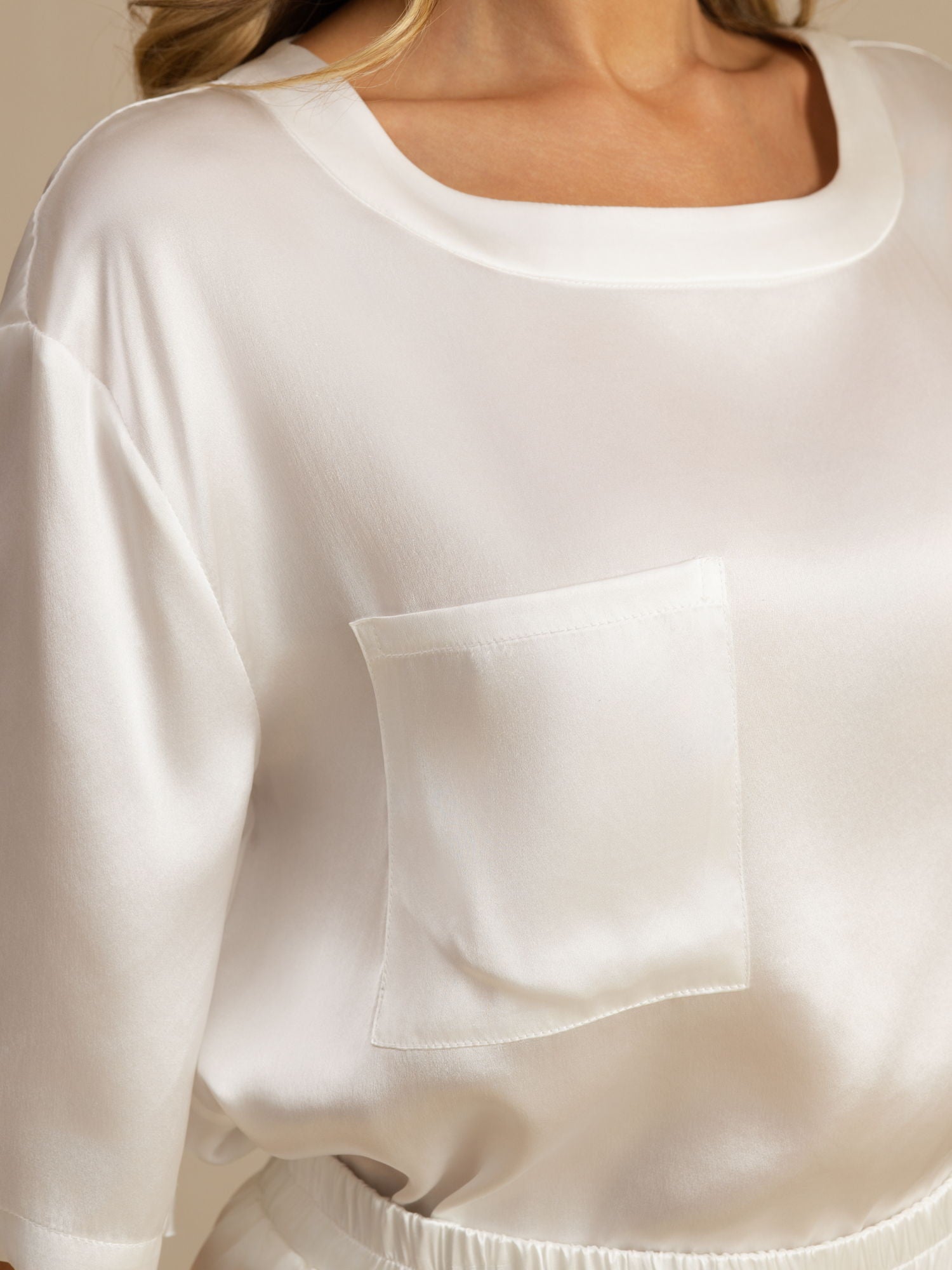 [Wit] SilkSilky-NL Pure Silk Korte Mouw Ronde Hals Dames Pyjama Set 004