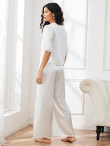 [Wit] SilkSilky-NL Halve Mouw Ronde Hals Dames Pyjama Set 002