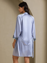[Staal Blauw] SilkSilky-NL 3/4 Sleeve V Neck Nachthemd&Kamerjas Set 002