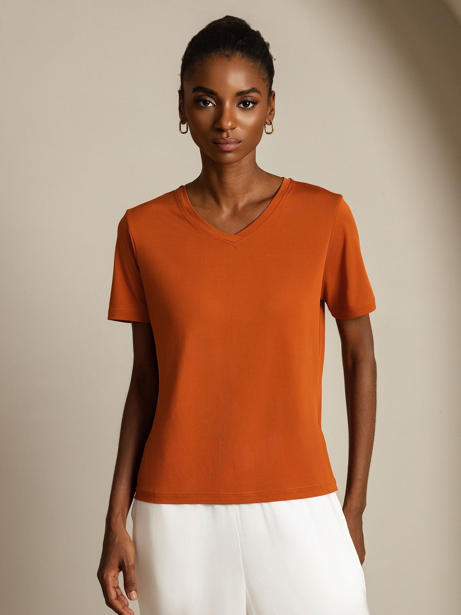 [Oranje] SilkSilky-NL Short Sleeve V Neck Dames T-Shirt 001