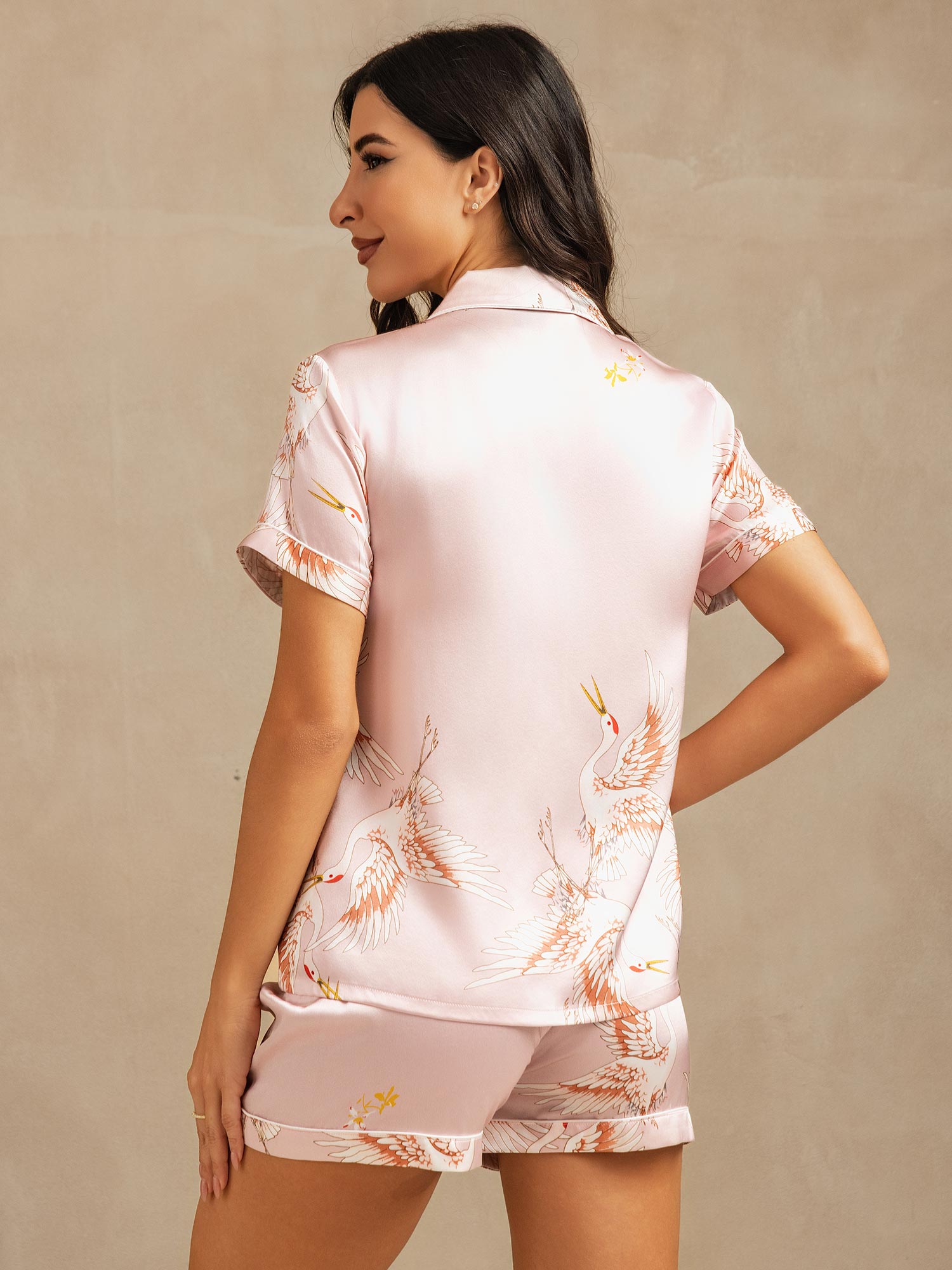[Roze] SilkSilky-NL Short Sleeve Lapel Collar Dames Pyjama Set 002
