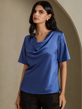 [Echt Petrol] SilkSilky-NL Short Sleeve Cowl Neck Blouse 001