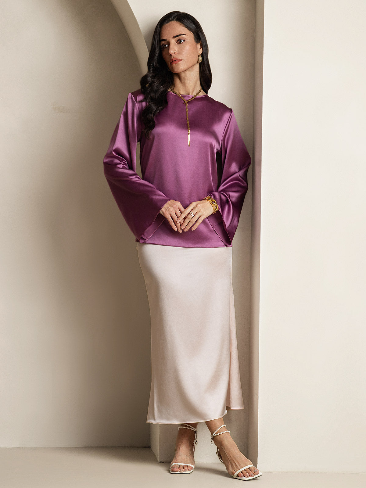 [Donkerpaars] SilkSilky-NL 19Momme Lange Mouw Boat Hals Blouse 007