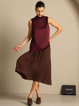 [Donkerrood] SilkSilky-NL 19Momme Mouwloos Strikhals Blouse 010