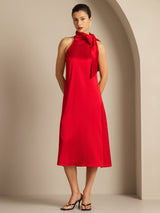 [Rode] SilkSilky-NL 19Momme Stretch Silk Charmeuse Sleeveless Tie Neck Jurk 001