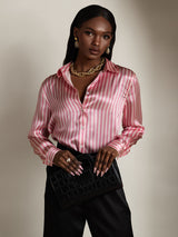 [Roze Streep] SilkSilky-NL Long Sleeve Lapel Collar Dames Blouse 006