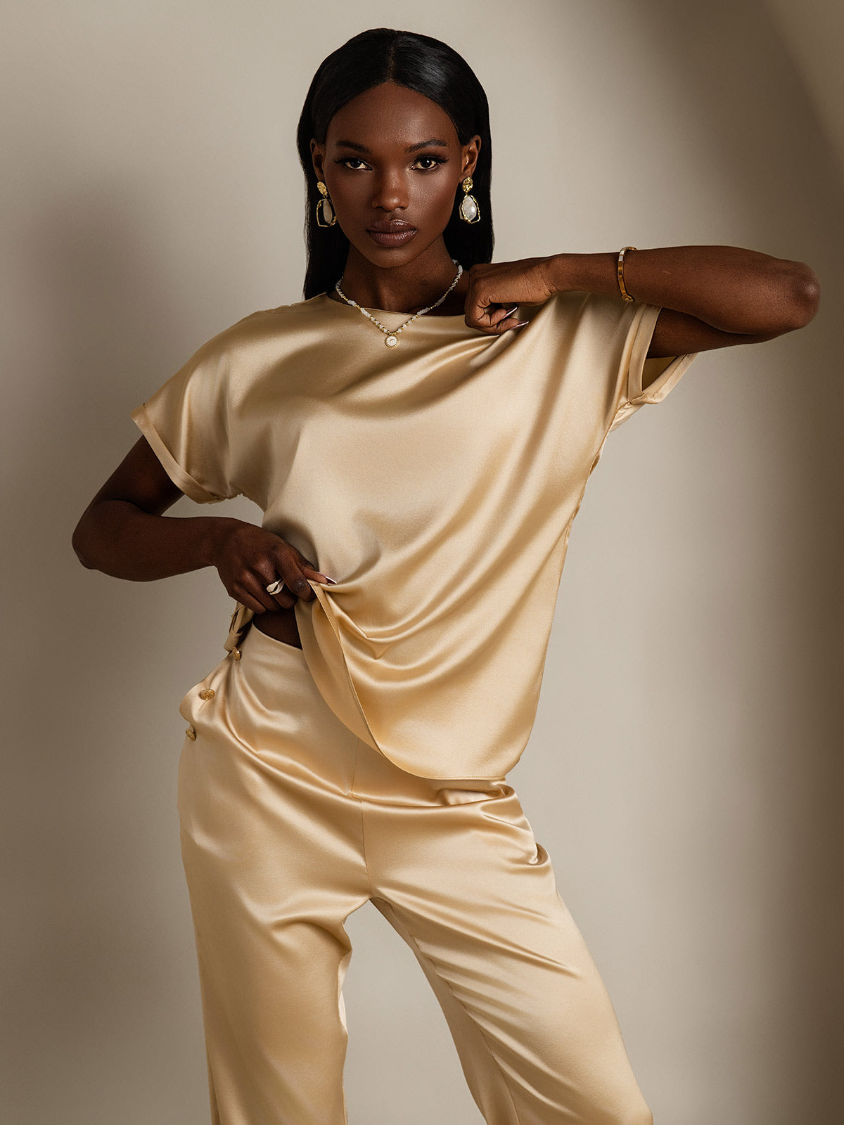 [Champagne] SilkSilky-NL 19Momme Zijde Ronde Hals Dames T-Shirt 004,