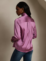 [Donkerpaars] SilkSilky-NL Long Sleeve Tie Neck Blouse 002