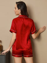 [Wijn] SilkSilky-NL Korte Mouw Notchkraag Dames Pyjama Set 002