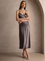 [Donkerkaki] SilkSilky-NL Spaghetti Strap V Neck Jurk 005