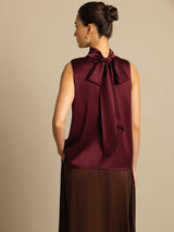 [Donkerrood] SilkSilky-NL 19Momme Mouwloos Strikhals Blouse 002
