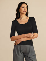 [Zwart] SilkSilky-NL Half Sleeve Diepe Ronde Hals Dames T-Shirt 004