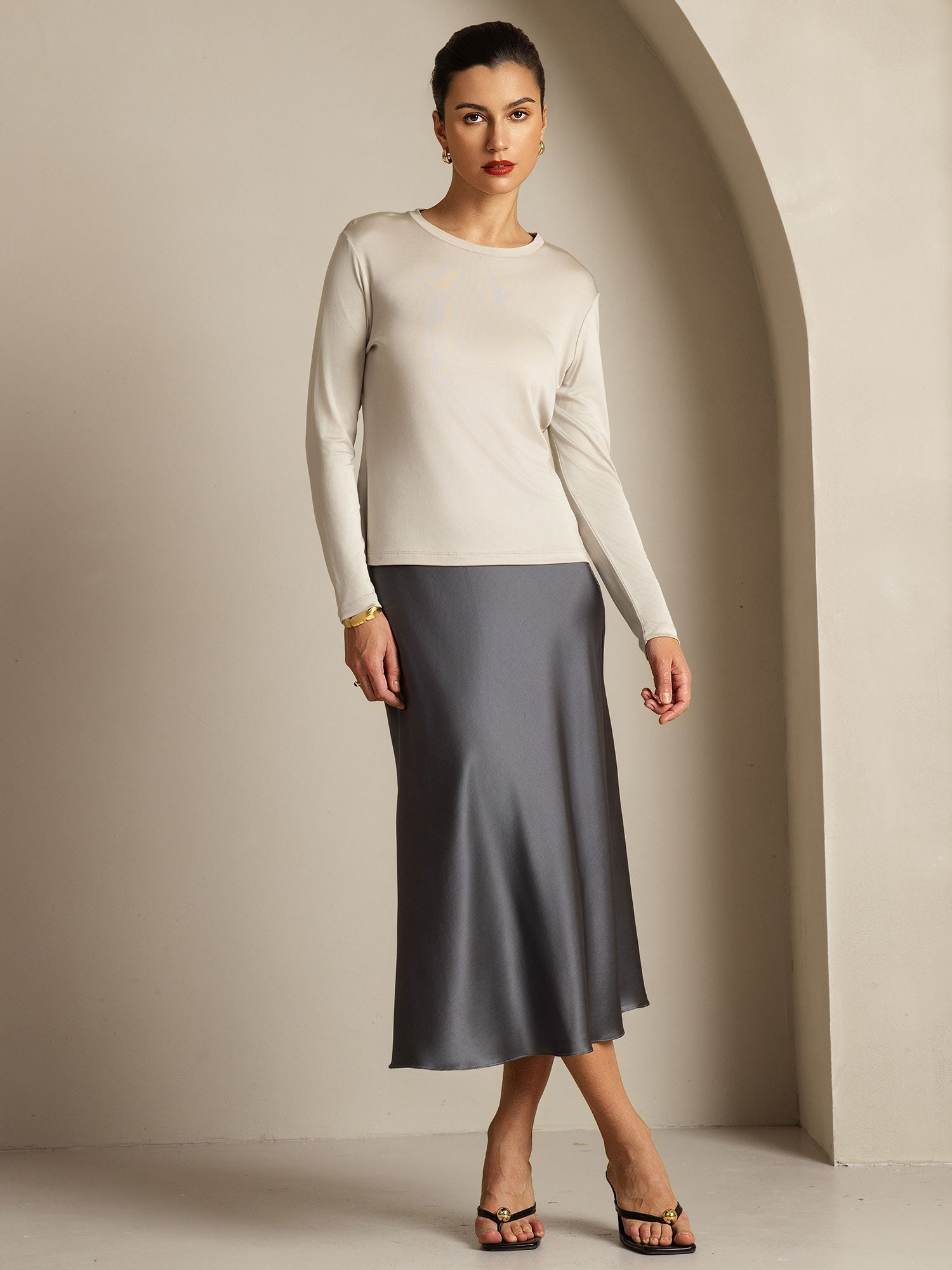 [Grijs] SilkSilky-NL Lange Mouw Crew Hals Dames T-Shirt 009