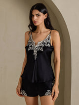 [Zwart] SilkSilky-NL Spaghetti Strap Split Cami-Set 003