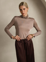 [Khaki] SilkSilky-NL Lange Mouw Coltrui Hals Dames T-Shirt 003