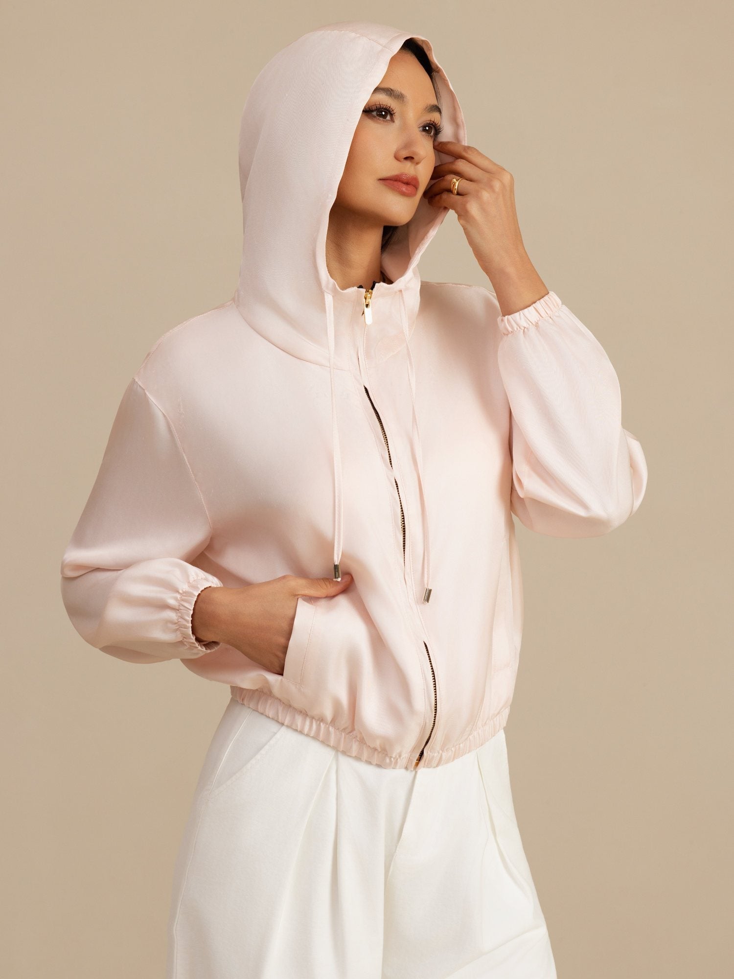 [Roze] SilkSilky-NL 18Momme Lange Mouw Staande Kraag Dames Bovenkleding 001